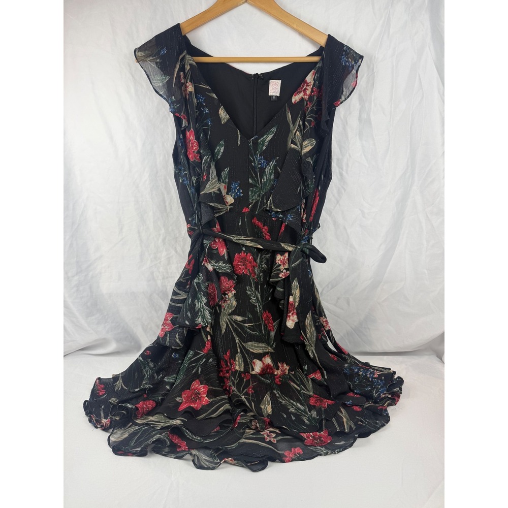 Musette Black‎ Floral Mini Dress Metallic Ruffle Tiered Boho Fairy Dress M